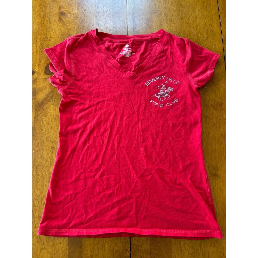 Beverly Hills Polo Club Red Rhinestone V-Neck Tee M